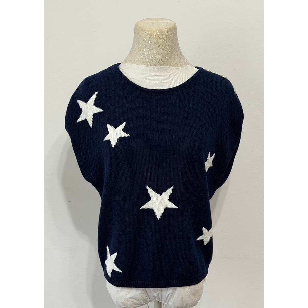 BRIT.NY Womens navy sweater/white stars/gold button detail sz L Nautical coastal